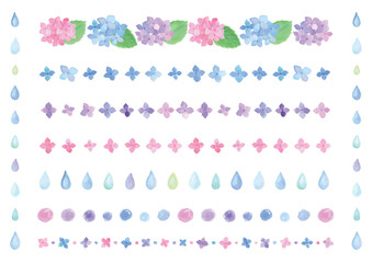 A set of decorative lines featuring colorful watercolor hydrangeas and rainy season imagery.