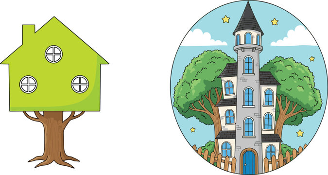 Whimsical Tree House and Fantasy Tower Illustration, Creative Cartoon Buildings in Nature with Magical Elements for Kids Design and Storybook Art