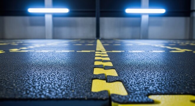 Interlocking rubberized flooring with bold yellow lane markings in a modern industrial setting