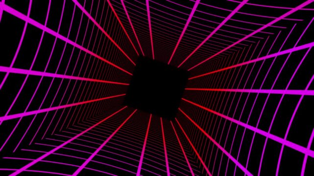 Vibrant pink and red neon lines radiating from a central point on a black background