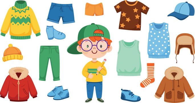 Kids Clothing Collection with Cartoon Boy and Fashion Items, Seasonal Outfits Including Sweaters, Jackets, Shoes, and Accessories for Children Illustration Design