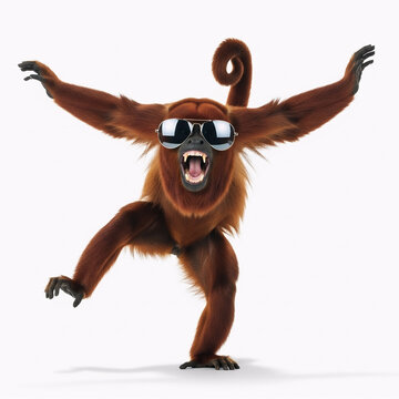 Playful howler monkey dancing with sunglasses in fun animal portrait