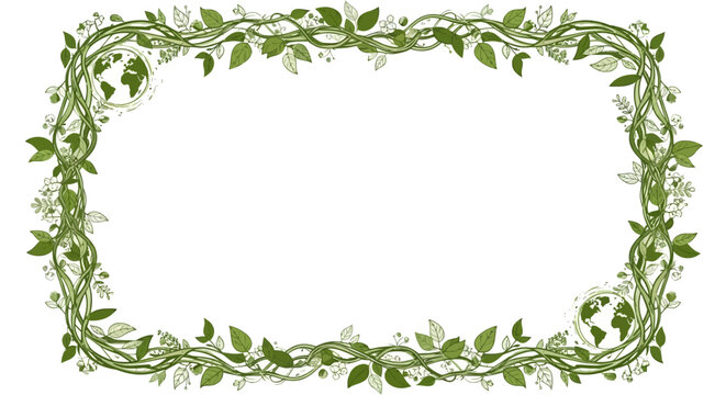 Detailed vector illustration presents an Earth Day social media template framed by winding green vines and leaves, creating an eco-friendly business design with a globe icon