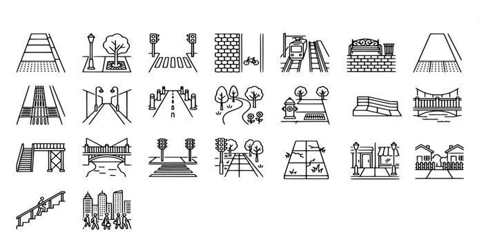 icon set collection of city street elements including sidewalks, tactile paving, benches, street lights, bridges, and public infrastructure components.