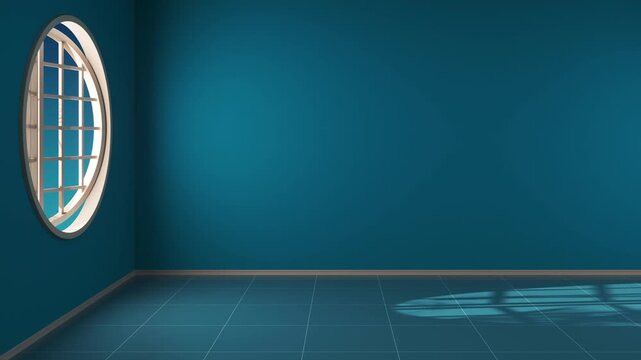 Minimalist blue room with round window and moving palm tree shadows on wall.