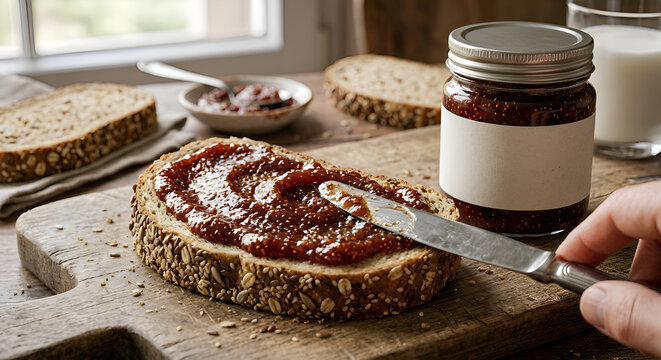 A highly realistic macro image of multigrain bread spread with fig jam showing seeds and thick texture