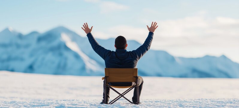 Man sitting on a camp chair with arms raised in victory, celebrating success and freedom in a snowy mountain landscape