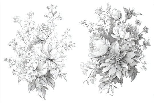 Detailed Floral Illustrations Arranged Elegantly On White Background For Decorative Designs