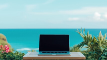 Obraz premium Laptop sitting on a wooden table with a beautiful turquoise ocean and blue sky in the background, symbolizing digital nomad lifestyle