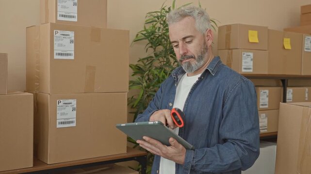 Man scans parcel with barcode scanner while holding tablet amid stacked boxes on shelf in warehouse; focused efficiency.