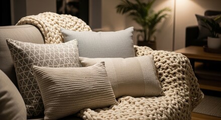 Fototapeta premium Cozy Knitted Throw Blanket Draped Artfully Over Pillows for a Comfortable Living Room Setting
