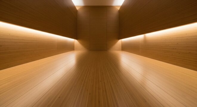Warm Wood Flooring and Paneling with Ambient Uplighting in a Modern Interior