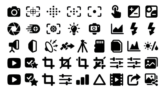 Photography Video Editing Tools and Camera Settings Vector Icon Set