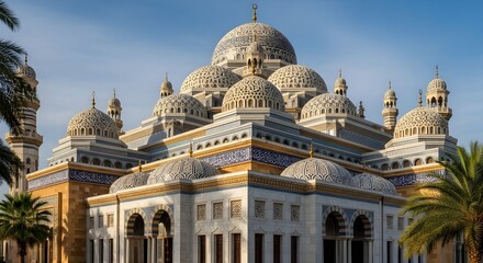 Fototapeta premium An architectural view of a grand mosque featuring multiple domes and ornate geometric patterns