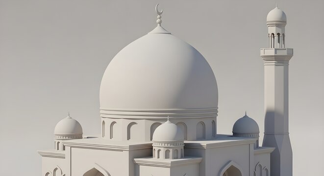 A detailed 3d architectural rendering of a traditional mosque building with a large central dome