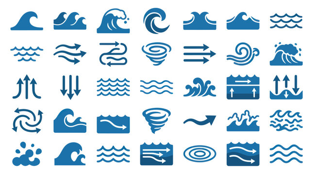 Blue Water Wave and Wind Flow Motion Vector Icon Set.