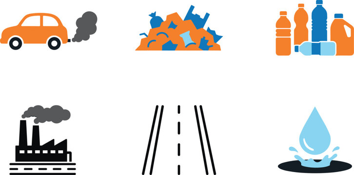 Environmental pollution icons set illustration with car emissions factory waste plastic garbage road and water contamination concept