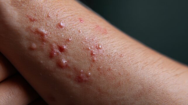Close up macro texture of acne pimples on female arm skin. Concept of dermatology skin problems and cosmetic concern.