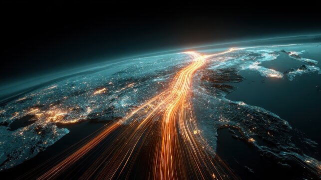 Global investment pathways visualized as glowing highways across Earth, futuristic realism, teal orange palette, 3D render, finance concept.