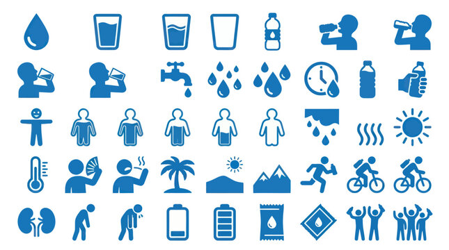 Dehydration Symptoms and Body Fluid Regulation Healthcare Vector Icon Set
