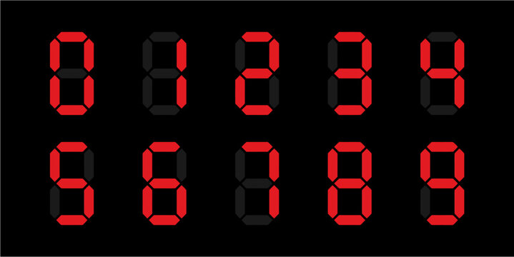Digital Clock Numbers Vector Set. Red Seven Segment Display Numbers For Scoreboard And Calculator