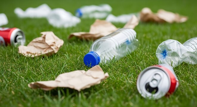 Discarded trash litters vibrant green grass, raising environmental concerns about littering