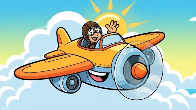 Cartoon pilot in airplane flying over tropical island and ocean