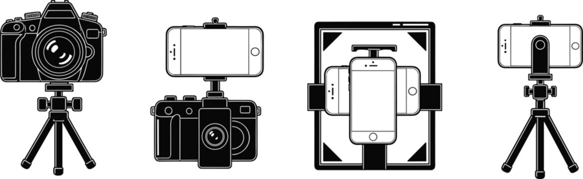 camera and smartphone tripod setup icons, photography equipment illustration, mobile video recording gear, content creator tools, black silhouette technology design
