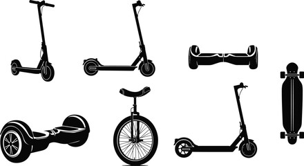 electric scooter and personal transport icons, hoverboard skateboard unicycle collection, urban mobility devices, eco friendly transportation, black silhouette illustration © Motiur