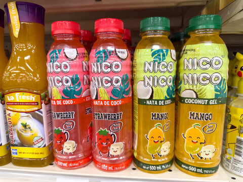 Nico Nico Coconut Water Jelly Drink Bottles Mango Strawberry Grocery Shelf