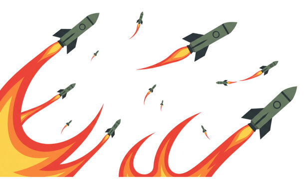Stylized multiple rocket missile attack with fire trails vector illustration isolated on white background for war and defense concept design