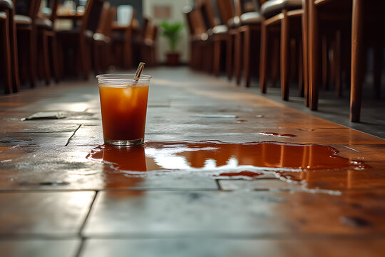 Spilled drink on caf&eacute; floor