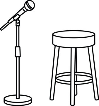 microphone and stool icon, stand up comedy stage setup, live performance equipment illustration, podcast recording concept, minimal black outline design