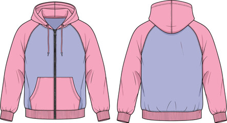 Two tone zip up hoodie illustration front and back view raglan sleeve hooded sweatshirt casual apparel vector isolated background © MstMoheja
