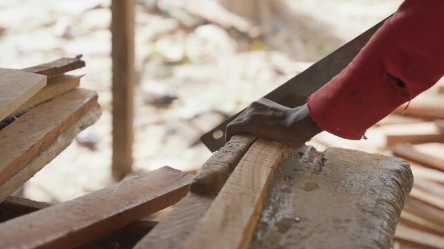 Worker sawing stacked wooden boards on bench, steady hands guiding blade to shape edges and remove excess, maker trimming boards for assembly, warm workshop light and textured wood pile