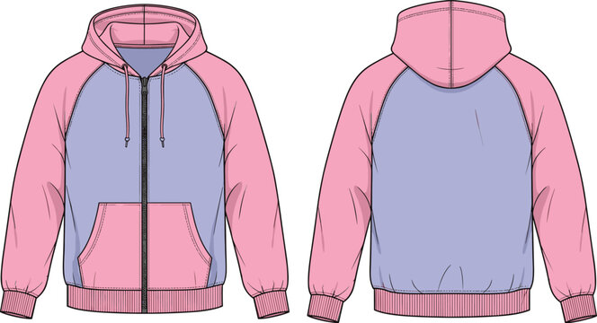 Two tone zip up hoodie illustration front and back view raglan sleeve hooded sweatshirt casual apparel vector isolated background
