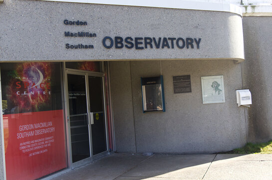 Gordon MacMillan Southam Observatory entrance at the HR MacMillan Space Centre with red banner and signage at Vanier Park.
