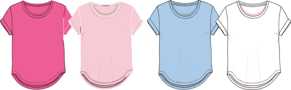 Women curved hem t shirt set illustration multiple colors short sleeve casual apparel vector collection isolated on clean background