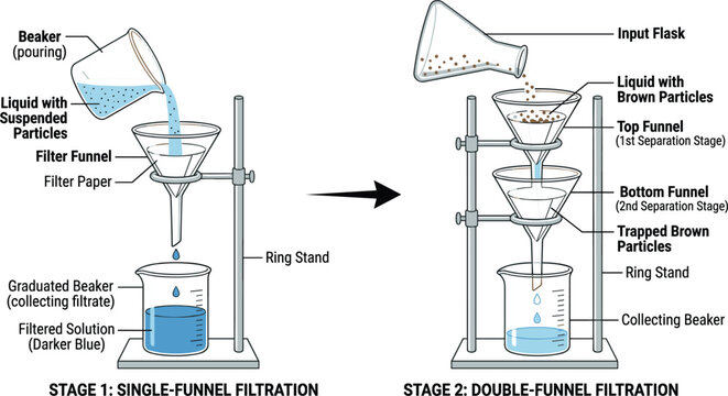 Laboratory filtration process diagram illustration with single and double funnel stages, scientific experiment setup and liquid separation method concept