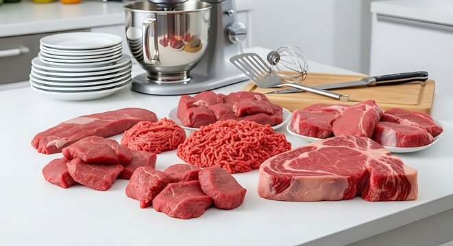 Berbagai Potongan Daging Sapi Mentah dan Daging Giling Tersedia di Meja Dapur