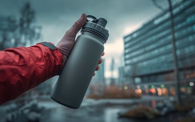 Naklejka premium Outdoor Person Holding Reusable Water Bottle in Urban Setting