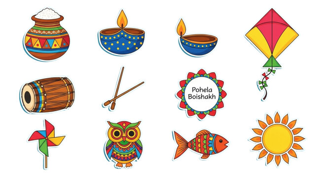 Bengali New Year Pohela Boishakh Celebration Icons Festive Kite Owl Fish Sun for Marketing Design