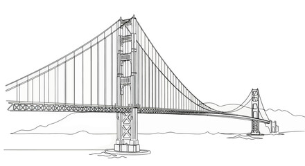 Fototapeta premium A detailed line drawing of a suspension bridge with towers and cables over water with mountains