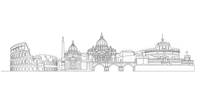 A black and white line drawing of famous rome landmarks including the colosseum, vatican city, and castel santangelo