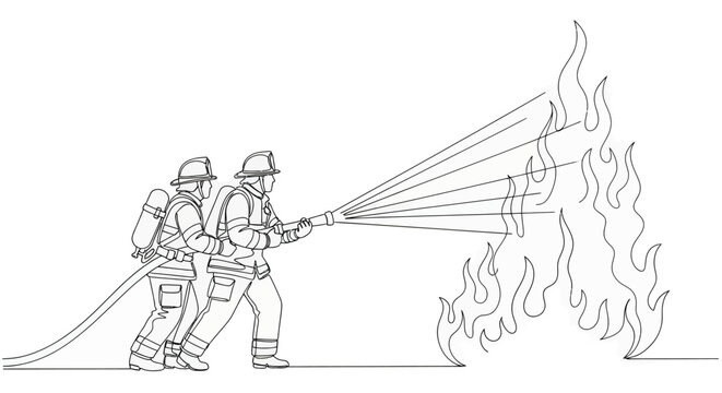 Two firefighters in full gear using a hose to extinguish large flames on a in a line drawing style