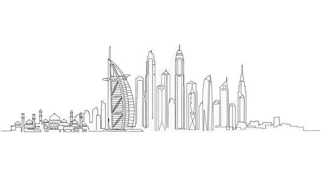 A black and white line drawing of a city skyline with various skyscrapers and buildings including the burj al arab in dubai