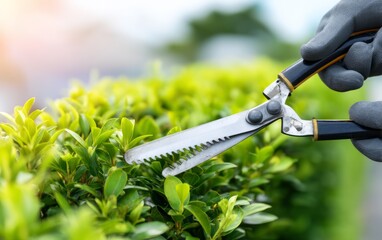 Obraz premium Gardener Trimming Hedge Edges with Manual Shears Outdoors