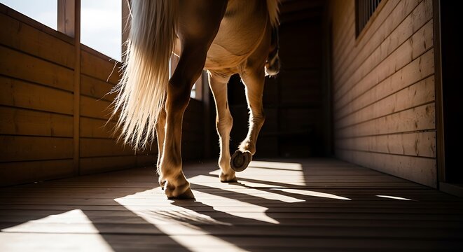 Low angle shot of a horse walking away inside a wooden stable with light streaming in