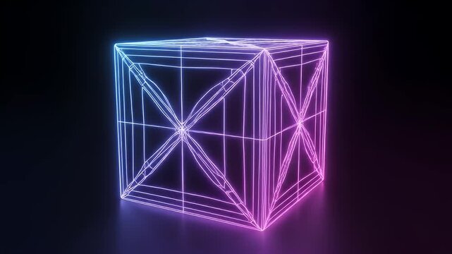 Geometric wireframe cube with neon gradient light