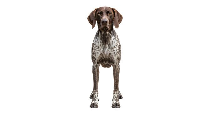 Portrait of a german shorthaired pointer standing against a white background